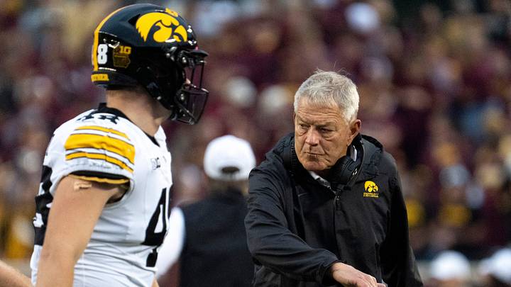 Iowa head coach Kirk Ferentz high fives Iowa Hawkeyes tight end Zach Ortwerth (48) Oct. 24, 2026 during a Big Ten football game against the Minnesota Golden Gophers in Minneapolis, Minnesota.