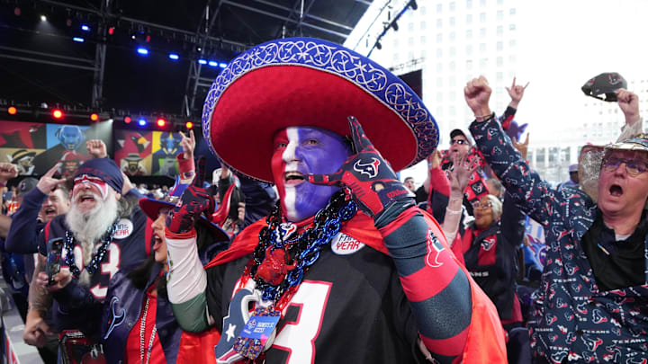 Apr 25, 2024; Detroit, MI, USA; Houston Texans fans cheer during the 2024 NFL Draft at Campus
