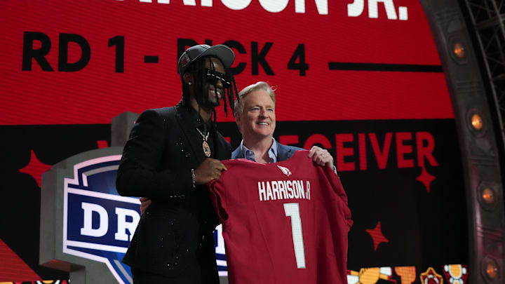 Apr 25, 2024; Detroit, MI, USA; Ohio State Buckeyes wide receiver Marvin Harrison Jr. poses with NFL