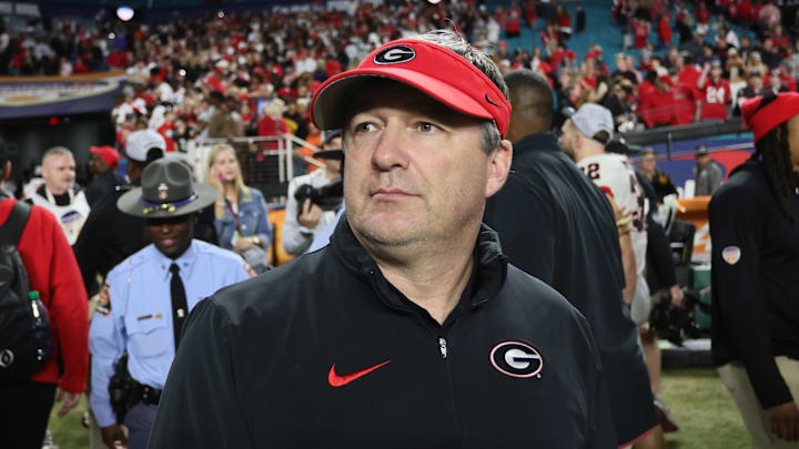 Dec 30, 2023; Miami Gardens, FL, USA; rGeorgia Bulldogs head coach Kirby Smart reacts after the 2023 Orange Bowl at Hard Rock Stadium. Mandatory Credit: Sam Navarro-Imagn Images