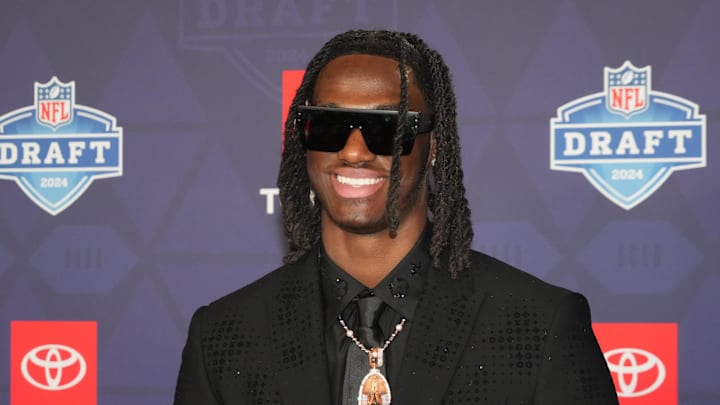 Apr 25, 2024; Detroit, MI, USA; Ohio State Buckeyes wide receiver Marvin Harrison Jr. stands on the