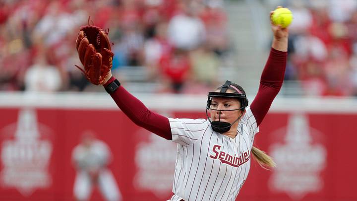 Florida State's Ashtyn Danley (11) pitches during a softball game between the Oklahoma Sooners (OU) and the Florida State Seminoles during the first game of the Norman Super Regional in the NCAA Tournament, Thursday, May 23, 2024. Oklahoma won on a run rule 11-3.