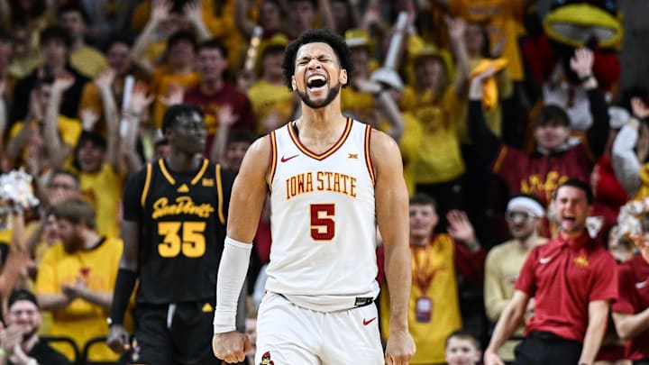 Mar 7, 2026; Ames, Iowa, USA; Iowa State Cyclones forward Joshua Jefferson (5) reacts during the second half against the Arizona State Sun Devils at James H. Hilton Coliseum. 