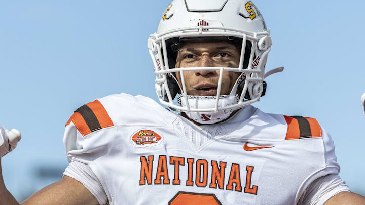 National team wide receiver Jayden Higgins of Iowa State celebrates after making a touchdown catch at the Senior Bowl.