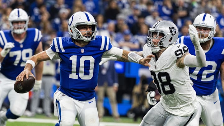 Dec 31, 2023; Indianapolis, Indiana, USA; Indianapolis Colts quarterback Gardner Minshew (10) looks to pass the ball while Las Vegas Raiders defensive end Maxx Crosby (98) defends in the first half at Lucas Oil Stadium. Mandatory Credit: Trevor Ruszkowski-USA TODAY Sports Dec 31, 2023; Indianapolis, Indiana, USA; Indianapolis Colts quarterback Gardner Minshew (10) looks to pass the ball while Las Vegas Raiders defensive end Maxx Crosby (98) defends in the first half at Lucas Oil Stadium. Mandatory Credit: Trevor Ruszkowski-USA TODAY Sports
