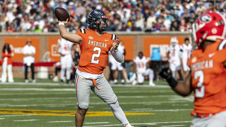 Feb 1, 2025; Mobile, AL, USA; American team quarterback Jaxson Dart of Ole Miss (2) during the first half of the 2025 Senior Bowl football game against the National team at Hancock Whitney Stadium. Mandatory Credit: Vasha Hunt-Imagn Images Feb 1, 2025; Mobile, AL, USA; American team quarterback Jaxson Dart of Ole Miss (2) during the first half of the 2025 Senior Bowl football game against the National team at Hancock Whitney Stadium. Mandatory Credit: Vasha Hunt-Imagn Images