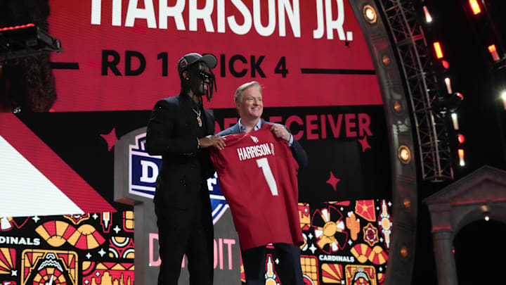 Apr 25, 2024; Detroit, MI, USA; Ohio State Buckeyes wide receiver Marvin Harrison Jr. poses with NFL