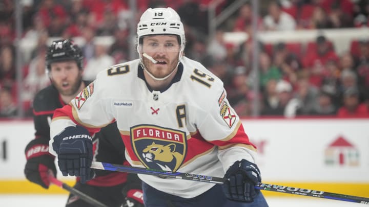 Matthew Tkachuk skates against the Hurricanes.