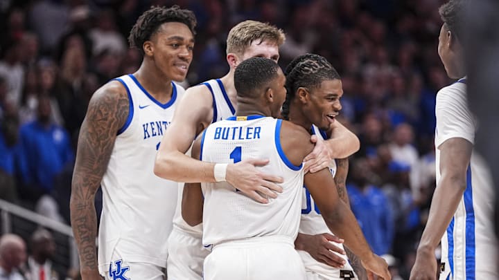 Nov 12, 2024; Atlanta, Georgia, USA; Kentucky Wildcats players react after defeating the Duke Blue Devils at State Farm Arena. Mandatory Credit: Dale Zanine-Imagn Images