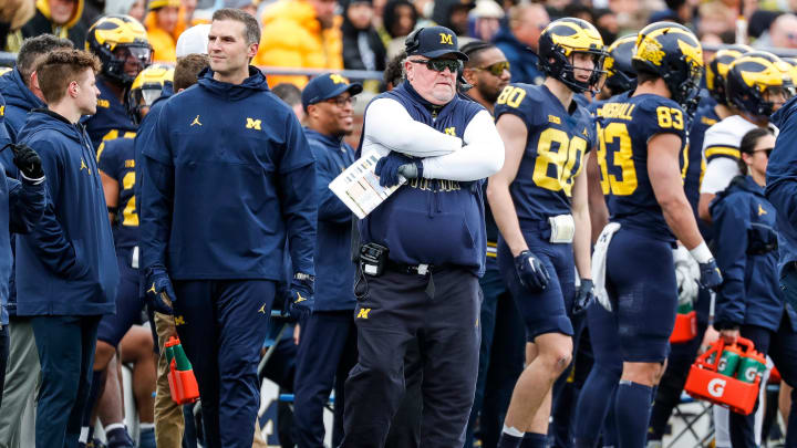 Blue Team head coach Wink Martindale watches a play during the spring game at Michigan Stadium in Ann Arbor on Saturday, April 20, 2024. Blue Team head coach Wink Martindale watches a play during the spring game at Michigan Stadium in Ann Arbor on Saturday, April 20, 2024.