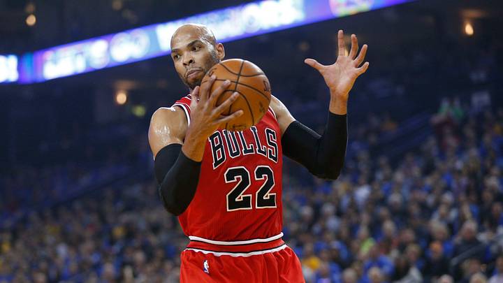 Feb 8, 2017; Oakland, CA, USA; Chicago Bulls forward Taj Gibson (22) holds onto a rebound against the Golden State Warriors in the first quarter at Oracle Arena. Mandatory Credit: Cary Edmondson-USA TODAY Sports