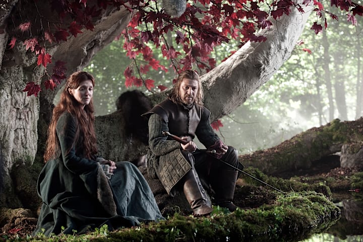 Michelle Fairley (Catelyn Stark) and Sean Bean (Ned Stark) in Game of Thrones season 1 Episode 1, "Winter Is Coming"