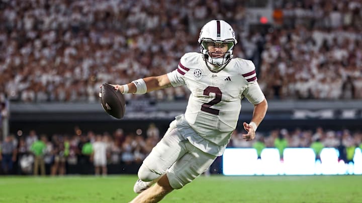 Sep 27, 2025; Starkville, Mississippi, USA; Mississippi State Bulldogs quarterback Blake Shapen (2) runs with the ball during overtime against the Tennessee Volunteers at Davis Wade Stadium at Scott Field. Mandatory Credit: Wesley Hale-Imagn Images