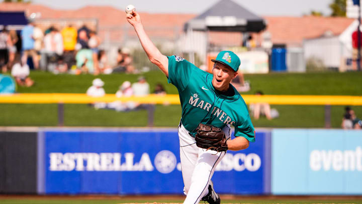 Feb 24, 2026; Peoria, Arizona, USA; Seattle Mariners pitcher Alex Hoppe (48) pitches during the fifth inning in Peoria, Arizona. Mandatory Credit: Arianna Grainey-Imagn Images Feb 24, 2026; Peoria, Arizona, USA; Seattle Mariners pitcher Alex Hoppe (48) pitches during the fifth inning in Peoria, Arizona. Mandatory Credit: Arianna Grainey-Imagn Images