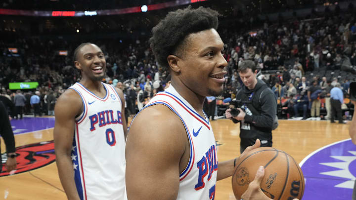 Jan 12, 2026; Toronto, Ontario, CAN; Philadelphia 76ers guard Kyle Lowry (7) and guard Tyrese Maxey (0) smile as they leave the court after a win over the Toronto Raptors at Scotiabank Arena. Mandatory Credit: John E. Sokolowski-Imagn Images Jan 12, 2026; Toronto, Ontario, CAN; Philadelphia 76ers guard Kyle Lowry (7) and guard Tyrese Maxey (0) smile as they leave the court after a win over the Toronto Raptors at Scotiabank Arena. Mandatory Credit: John E. Sokolowski-Imagn Images