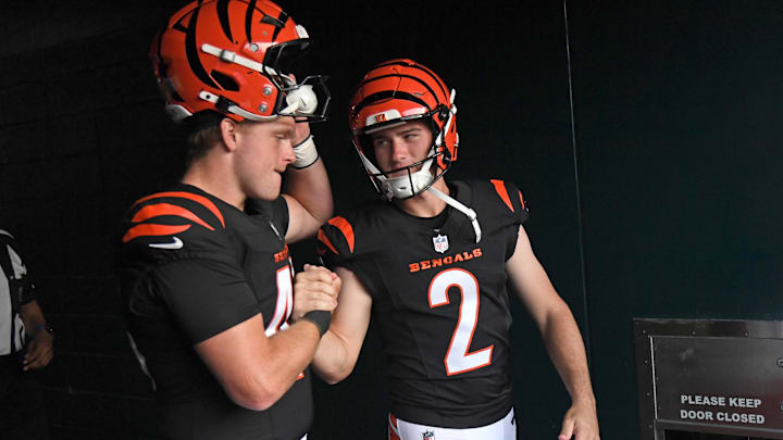 Aug 7, 2025; Philadelphia, Pennsylvania, USA; Cincinnati Bengals long snapper William Wagner (46) and place kicker Evan McPherson (2) in the tunnel against the Philadelphia Eagles at Lincoln Financial Field. Mandatory Credit: Eric Hartline-Imagn Images