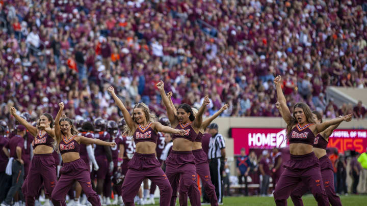 Oct 14, 2023; Blacksburg, Virginia, USA; Virginia Tech Hokies cheerleaders dance during a time out of the game between the Virginia Tech Hokies and the Wake Forest Demon Deacons at Lane Stadium. Mandatory Credit: Peter Casey-USA TODAY Sports