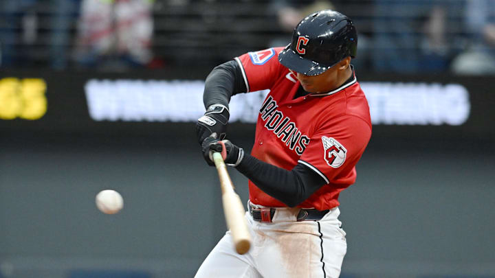 Apr 18, 2026; Cleveland, Ohio, USA; Cleveland Guardians shortstop Brayan Rocchio (4) hits a three-run home run against the Baltimore Orioles during the fifth inning at Progressive Field. Mandatory Credit: Ken Blaze-Imagn Images