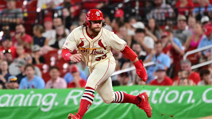 Jul 26, 2025; St. Louis, Missouri, USA;  St. Louis Cardinals second baseman Brendan Donovan (33) takes a big leadoff from first base against the San Diego Padres at Busch Stadium. Mandatory Credit: Tim Vizer-Imagn Images