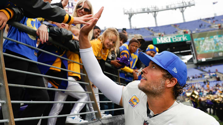 Oct 12, 2025; Baltimore, Maryland, USA; Los Angeles Rams quarterback Matthew Stafford (9) greets his family after the game against the Baltimore Ravens at M&T Bank Stadium. Mandatory Credit: Peter Casey-Imagn Images Oct 12, 2025; Baltimore, Maryland, USA; Los Angeles Rams quarterback Matthew Stafford (9) greets his family after the game against the Baltimore Ravens at M&T Bank Stadium. Mandatory Credit: Peter Casey-Imagn Images