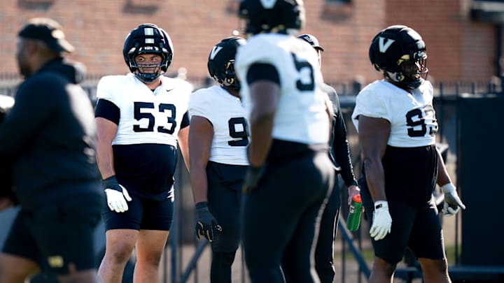 Vanderbilt defensive tackle Glenn Seabrooks III (53) goes through drills at Vanderbilt University’s McGugin Center practice fields Tuesday, April 7, 2026. Vanderbilt defensive tackle Glenn Seabrooks III (53) goes through drills at Vanderbilt University’s McGugin Center practice fields Tuesday, April 7, 2026.