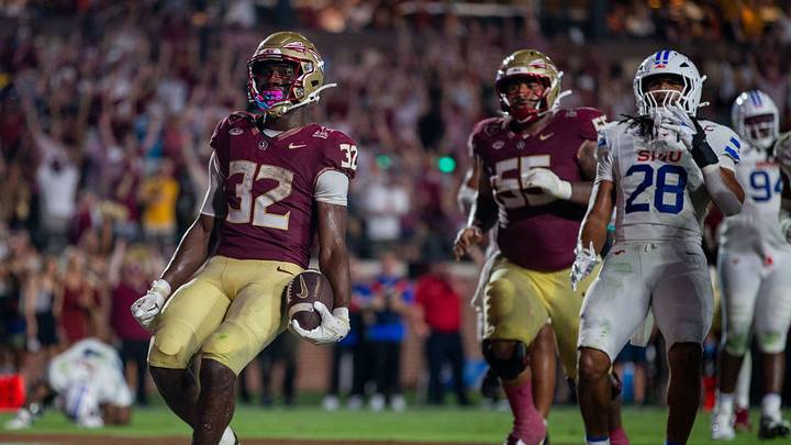 Florida State Seminoles running back Ousmane Kromah (32) scores a touchdown. The SMU Mustangs defeated the Florida State Seminoles 27-24 at Doak Campbell Stadium after a game that kicked off on Monday, Sept. 7, 2026.