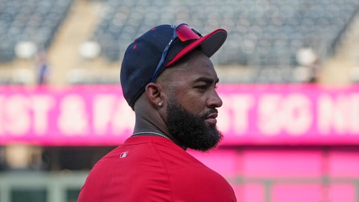Aug 19, 2024; Kansas City, Missouri, USA; Los Angeles Angels right fielder Jo Adell (7) takes batting practice prior to a game against the Kansas City Royals at Kauffman Stadium. Mandatory Credit: Denny Medley-Imagn Images