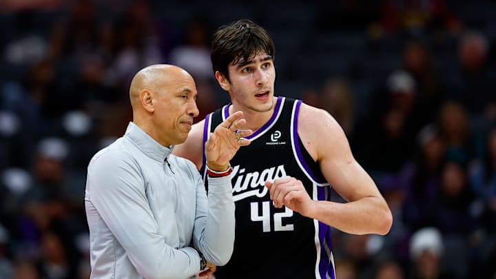 Dec 11, 2025; Sacramento, California, USA; Sacramento Kings head coach Doug Christie talks with center Maxime Raynaud (42) during the fourth quarter against the Denver Nuggets at Golden 1 Center. Mandatory Credit: Sergio Estrada-Imagn Images Dec 11, 2025; Sacramento, California, USA; Sacramento Kings head coach Doug Christie talks with center Maxime Raynaud (42) during the fourth quarter against the Denver Nuggets at Golden 1 Center. Mandatory Credit: Sergio Estrada-Imagn Images