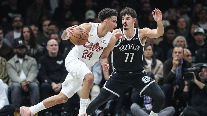 Oct 24, 2025; Brooklyn, New York, USA; Cleveland Cavaliers guard Tyrese Proctor (24) looks to drive past Brooklyn Nets guard Ben Saraf (77) in the first quarter at Barclays Center. Mandatory Credit: Wendell Cruz-Imagn Images Oct 24, 2025; Brooklyn, New York, USA; Cleveland Cavaliers guard Tyrese Proctor (24) looks to drive past Brooklyn Nets guard Ben Saraf (77) in the first quarter at Barclays Center. Mandatory Credit: Wendell Cruz-Imagn Images