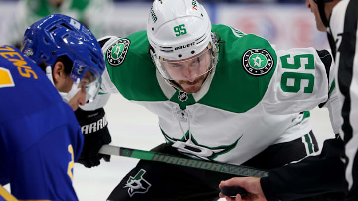 Oct 22, 2024; Buffalo, New York, USA;  Dallas Stars center Matt Duchene (95) waits for the face-off against Buffalo Sabres center Dylan Cozens (24) during the first period at KeyBank Center. Mandatory Credit: Timothy T. Ludwig-Imagn Images