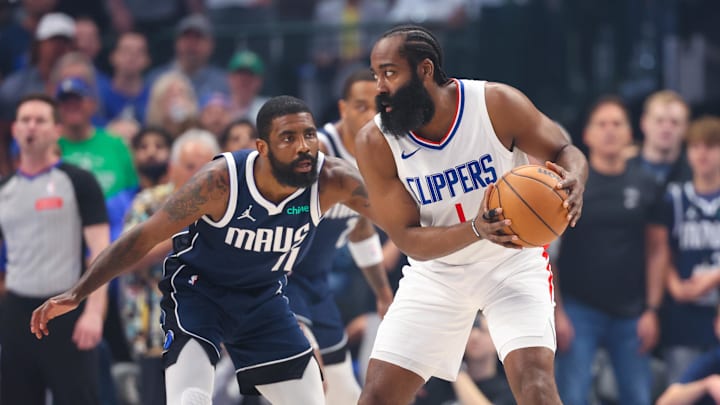  Dallas, Texas, USA;  LA Clippers guard James Harden (1) looks to pass as Dallas Mavericks guard Kyrie Irving (11) defends during the first quarter during game four of the first round for the 2024 NBA playoffs at American Airlines Center. Mandatory Credit: Kevin Jairaj-Imagn Images