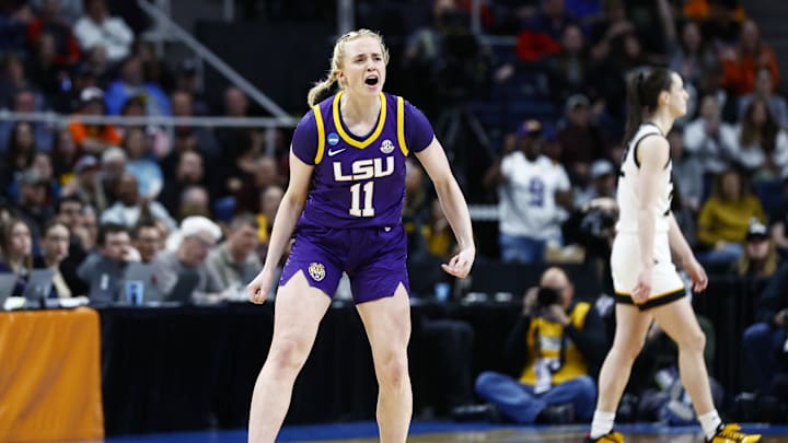 Apr 1, 2024; Albany, NY, USA; LSU Lady Tigers guard Hailey Van Lith (11) reacts in the second