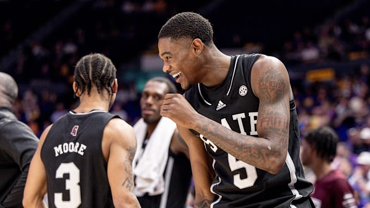 Feb 24, 2024; Baton Rouge, Louisiana, USA; Mississippi State Bulldogs guard Shawn Jones Jr. (5) and