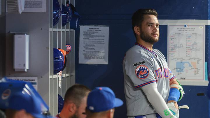 May 23, 2026; Miami, Florida, USA; New York Mets shortstop Bo Bichette (19) reacts from inside the dugout after his at bat against the Miami Marlins during the sixth inning at loanDepot Park. Mandatory Credit: Sam Navarro-Imagn Images