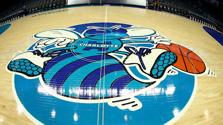 A detail view of the center court logo for Classic Night game between the Charlotte Hornets and the Phoenix Suns at Spectrum Center.
