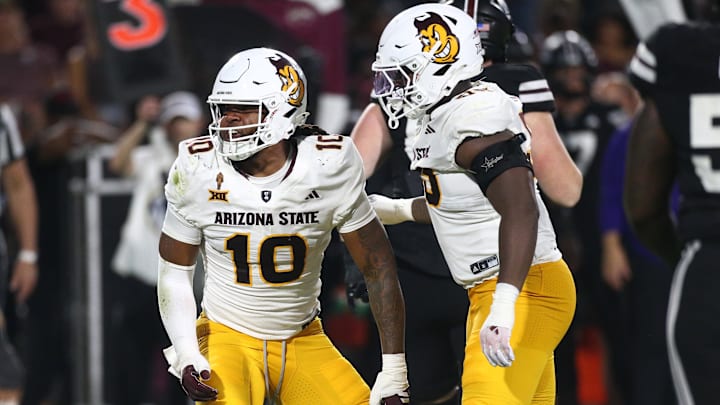 Sep 6, 2025; Starkville, Mississippi, USA; Arizona State Sun Devils defensive lineman Clayton Smith (10) and defensive lineman Ramar Williams (55) react after a defensive stop during the second quarter against the Mississippi State Bulldogs at Davis Wade Stadium at Scott Field. Mandatory Credit: Petre Thomas-Imagn Images