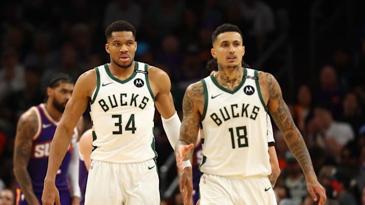Mar 24, 2025; Phoenix, Arizona, USA; Milwaukee Bucks forward Kyle Kuzma (18) and forward Giannis Antetokounmpo (34) against the Phoenix Suns at Footprint Center. Mandatory Credit: Mark J. Rebilas-Imagn Images Mar 24, 2025; Phoenix, Arizona, USA; Milwaukee Bucks forward Kyle Kuzma (18) and forward Giannis Antetokounmpo (34) against the Phoenix Suns at Footprint Center. Mandatory Credit: Mark J. Rebilas-Imagn Images