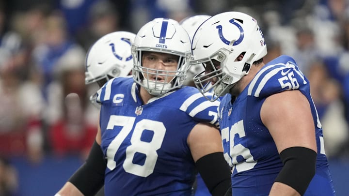 Jan 6, 2024; Indianapolis, Indiana, USA; Indianapolis Colts center Ryan Kelly (78) talks with guard Quenton Nelson (56) during a game against the Houston Texans at Lucas Oil Stadium. 