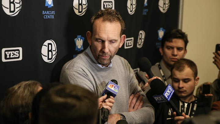 Feb 9, 2023; Brooklyn, New York, USA; Brooklyn Nets General Manager Sean Marks addresses the media prior to the game against the Chicago Bulls at Barclays Center. Mandatory Credit: Wendell Cruz-Imagn Images Feb 9, 2023; Brooklyn, New York, USA; Brooklyn Nets General Manager Sean Marks addresses the media prior to the game against the Chicago Bulls at Barclays Center. Mandatory Credit: Wendell Cruz-Imagn Images