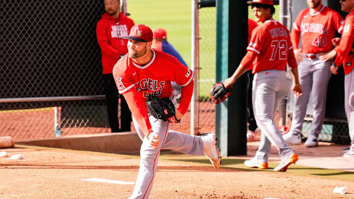Feb 11, 2026; Tempe, AZ, USA;  Los Angeles Angels pitcher Hunter Strickland during pitchers and catchers workouts at Tempe Diablo Stadium in Tempe, Arizona. Mandatory Credit: Arianna Grainey-Imagn Images