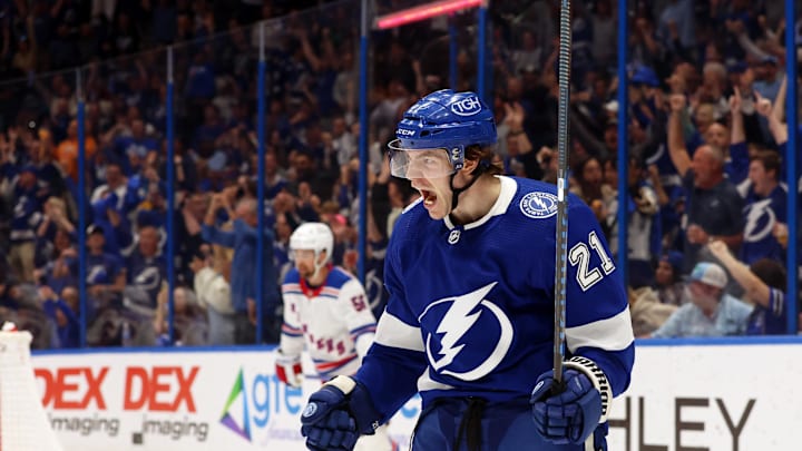 Mar 14, 2024; Tampa, Florida, USA; Tampa Bay Lightning center Brayden Point (21) celebrates after he scores a goal against the New York Rangers during the third period at Amalie Arena. Mandatory Credit: Kim Klement Neitzel-USA TODAY Sports