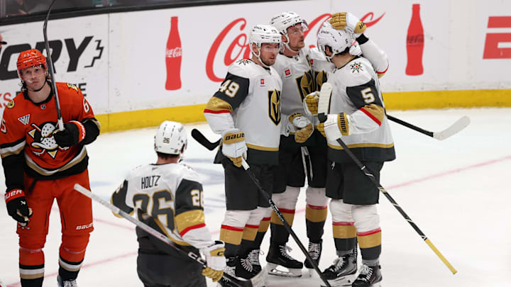 Feb 1, 2026; Anaheim, California, USA; Vegas Golden Knights left wing Ivan Barbashev (49) celebrates with teammates after scoring a goal during the third period against the Anaheim Ducks at Honda Center. Mandatory Credit: Kiyoshi Mio-Imagn Images Feb 1, 2026; Anaheim, California, USA; Vegas Golden Knights left wing Ivan Barbashev (49) celebrates with teammates after scoring a goal during the third period against the Anaheim Ducks at Honda Center. Mandatory Credit: Kiyoshi Mio-Imagn Images