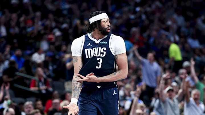 Apr 2, 2025; Dallas, Texas, USA;  Dallas Mavericks forward Anthony Davis (3) reacts after scoring against the Atlanta Hawks during the third quarter at American Airlines Center. Mandatory Credit: Kevin Jairaj-Imagn Images