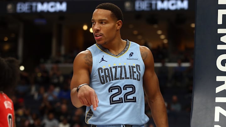 Oct 28, 2024; Memphis, Tennessee, USA; Memphis Grizzlies guard Desmond Bane (22) reacts after a basket during the first half against the Chicago Bulls at FedExForum. Mandatory Credit: Petre Thomas-Imagn Images