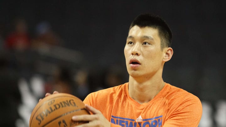 New York Knicks point guard Jeremy Lin shoots the ball before the start of the game against the Charlotte Bobcats.