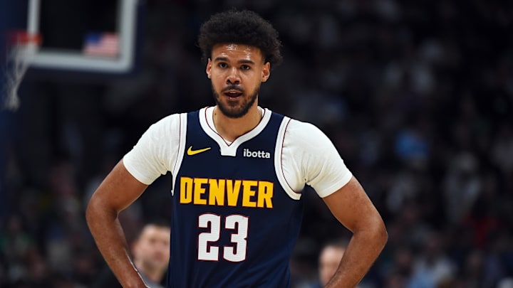 Feb 25, 2026; Denver, Colorado, USA; Denver Nuggets forward Cameron Johnson (23) during the first half against the Boston Celtics at Ball Arena. Mandatory Credit: Christopher Hanewinckel-Imagn Images