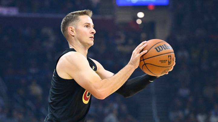 Oct 26, 2026; Cleveland, Ohio, USA;  Cleveland Cavaliers guard Sam Merrill (5) looks to shoot in the first quarter against the Minnesota Timberwolves at Rocket Arena.  Mandatory Credit: David Richard-Imagn Images