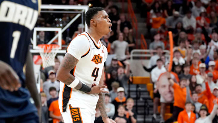 Oklahoma State Cowboys guard Christian Coleman (4) celebrates after making a 3-pointer during an NCAA basketball game between the Oklahoma State University Cowboys (OSU) and Oral Roberts at Gallagher-Iba Arena in Stillwater, Okla., Tuesday, Nov. 4, 2025. Oklahoma State on 95-71.