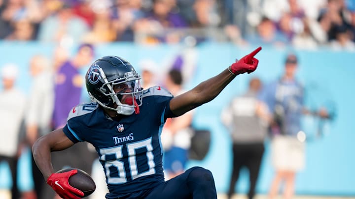Tennessee Titans wide receiver Bryce Oliver (80) signals a first down after a catch against Minnesota Vikings cornerback Shaquill Griffin (1) at Nissan Stadium in Nashville, Tenn., Sunday, Nov. 17, 2024. Tennessee Titans wide receiver Bryce Oliver (80) signals a first down after a catch against Minnesota Vikings cornerback Shaquill Griffin (1) at Nissan Stadium in Nashville, Tenn., Sunday, Nov. 17, 2024.