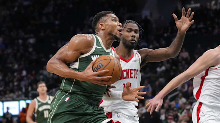 Nov 18, 2024; Milwaukee, Wisconsin, USA;  Milwaukee Bucks forward Giannis Antetokounmpo (34) drives for the basket during the third quarter against the Houston Rockets at Fiserv Forum. Mandatory Credit: Jeff Hanisch-Imagn Images